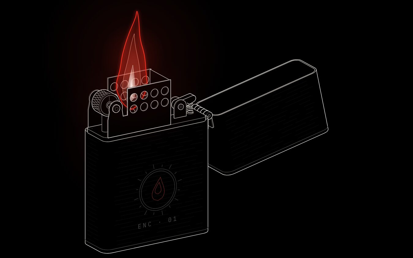 Encendedor en línea isométrica blanca sobre negro